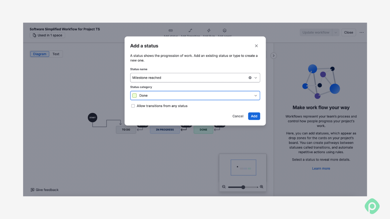 Jira project settings pop-up for creating status Milestone reached assigned to the Done status category.