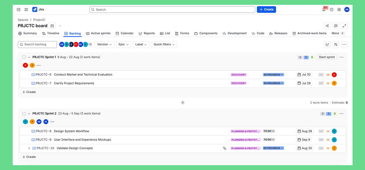 Jira scrum backlog board showing active sprints and task details.