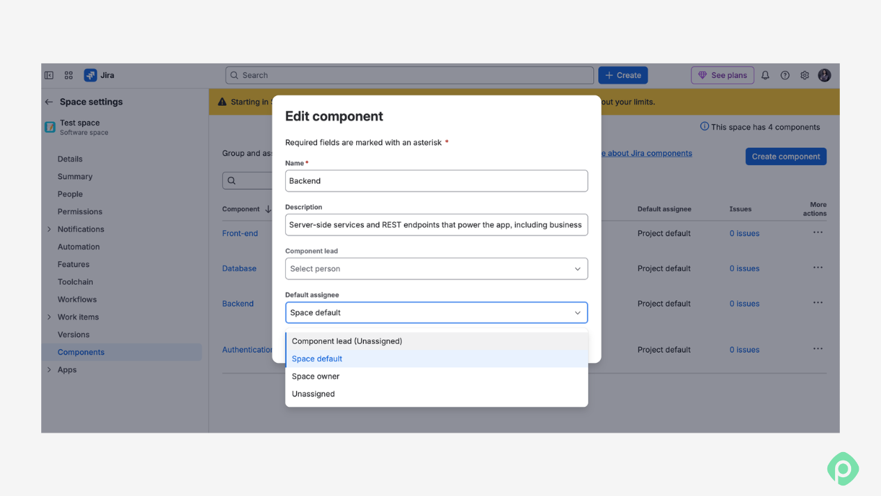 Dropdown menu for default assignee settings in the Jira component configuration modal, showing options like space default, space owner, and unassigned.
