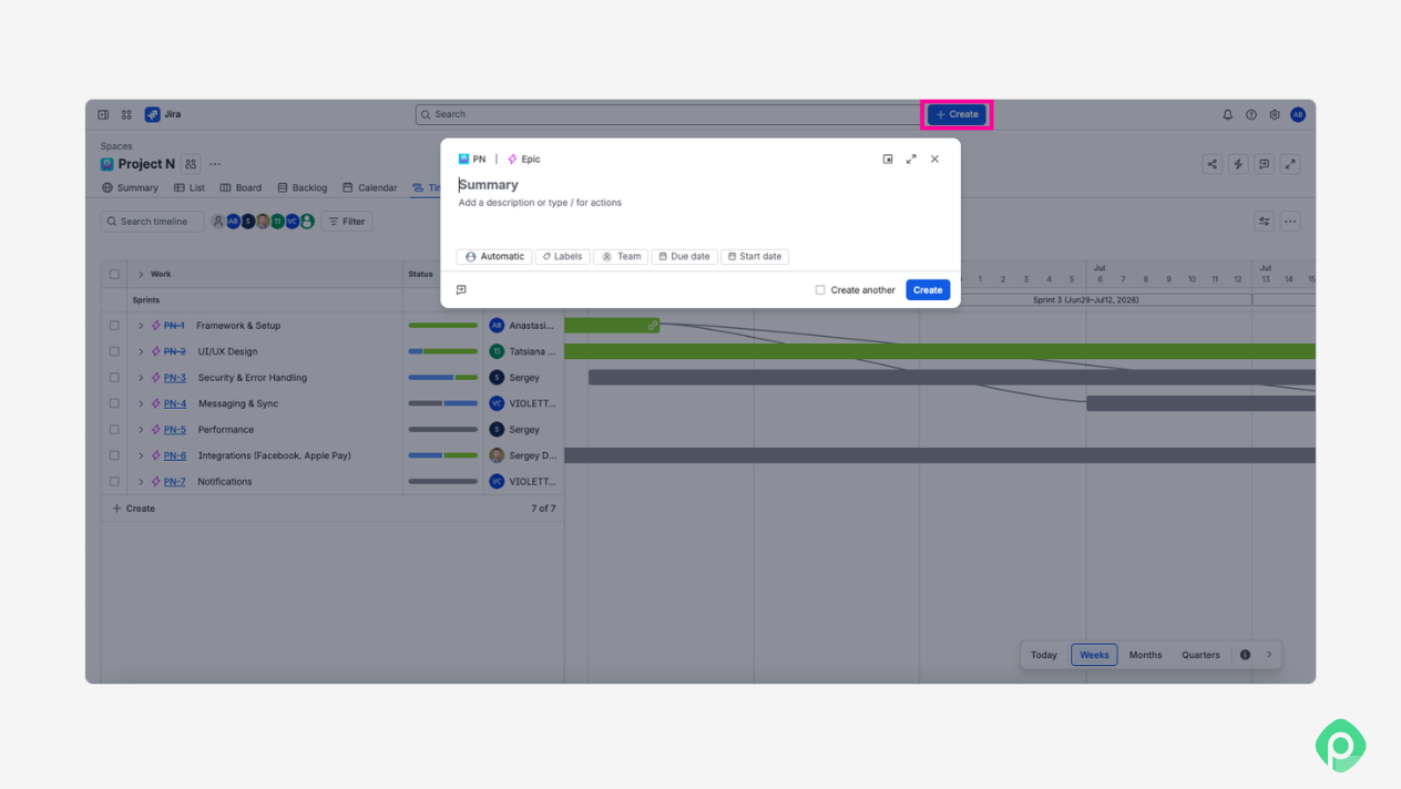 Screenshot of Jira timeline view highlighting the Create button in the top navigation bar and the open task creation modal window.