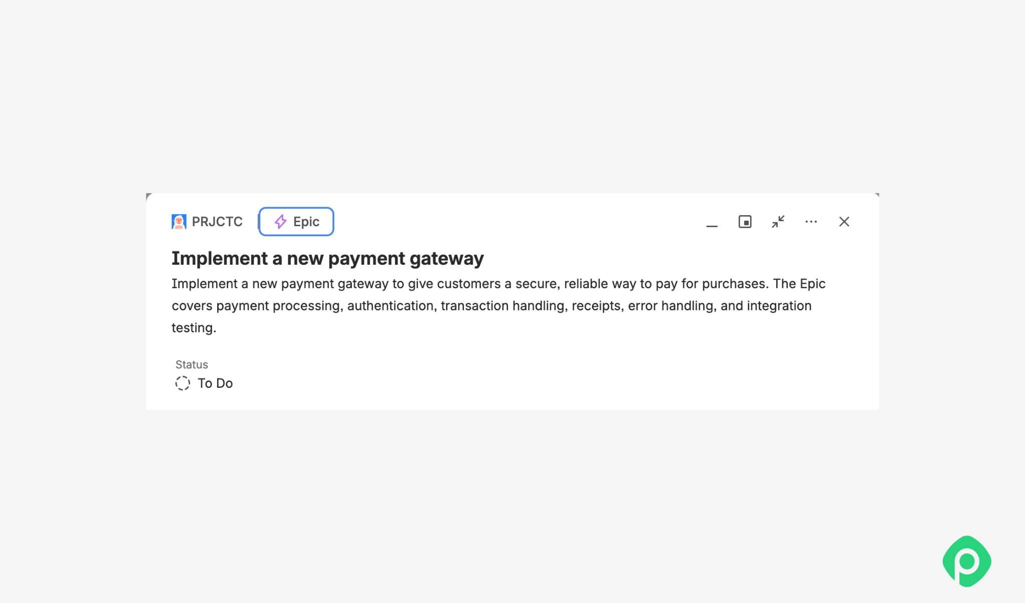 Jira issue view for Epic: Implement a new payment gateway.