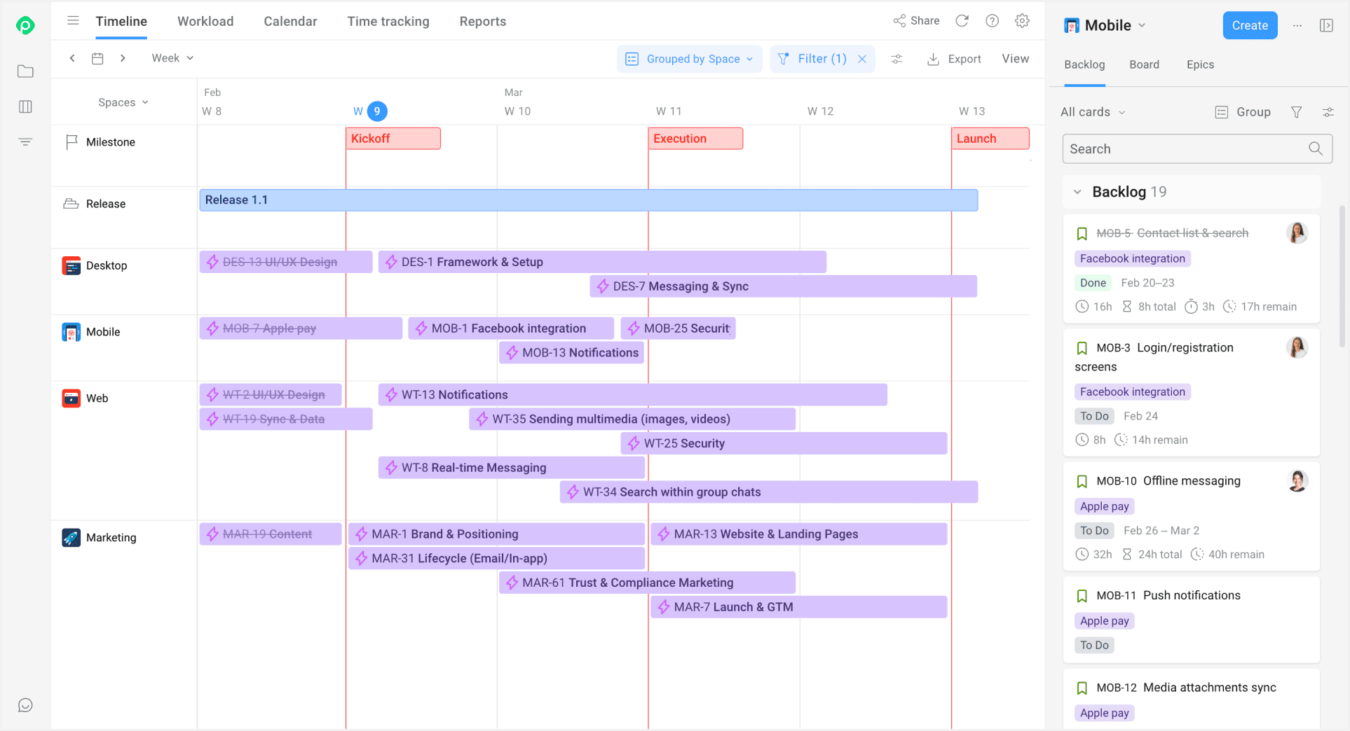 Planyway roadmap view with milestones, releases, and tasks grouped by space.