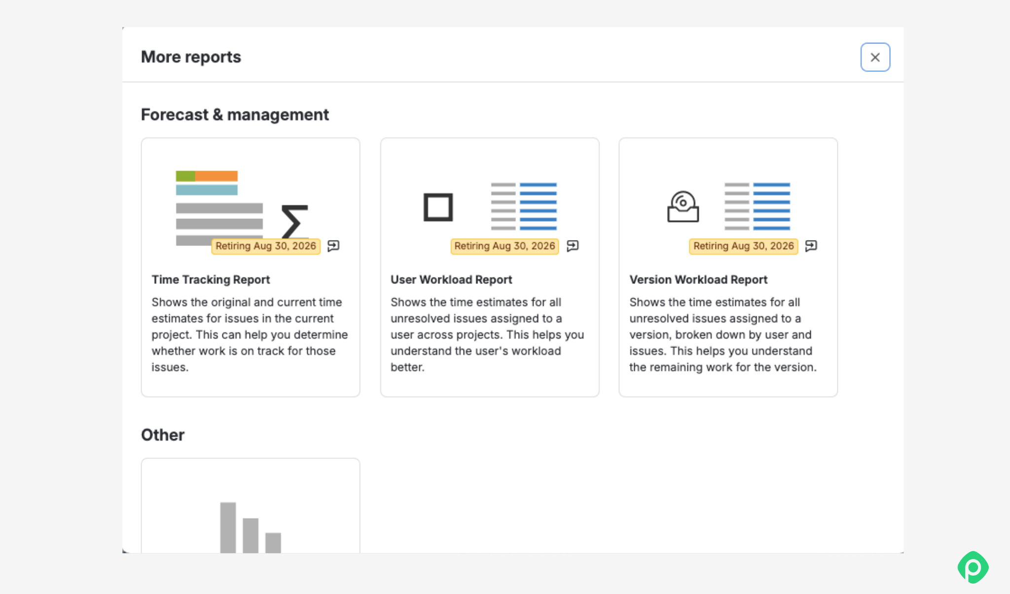 Jira reports menu displaying cards for Time Tracking, User Workload, and Version Workload reports marked as retiring.