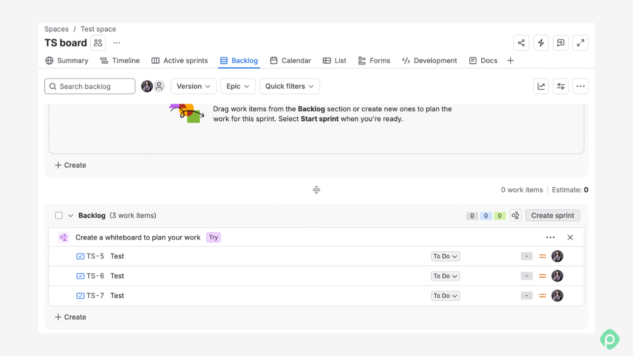 Backlog and sprint planning interface inside a Jira workspace, displaying work items and status columns.