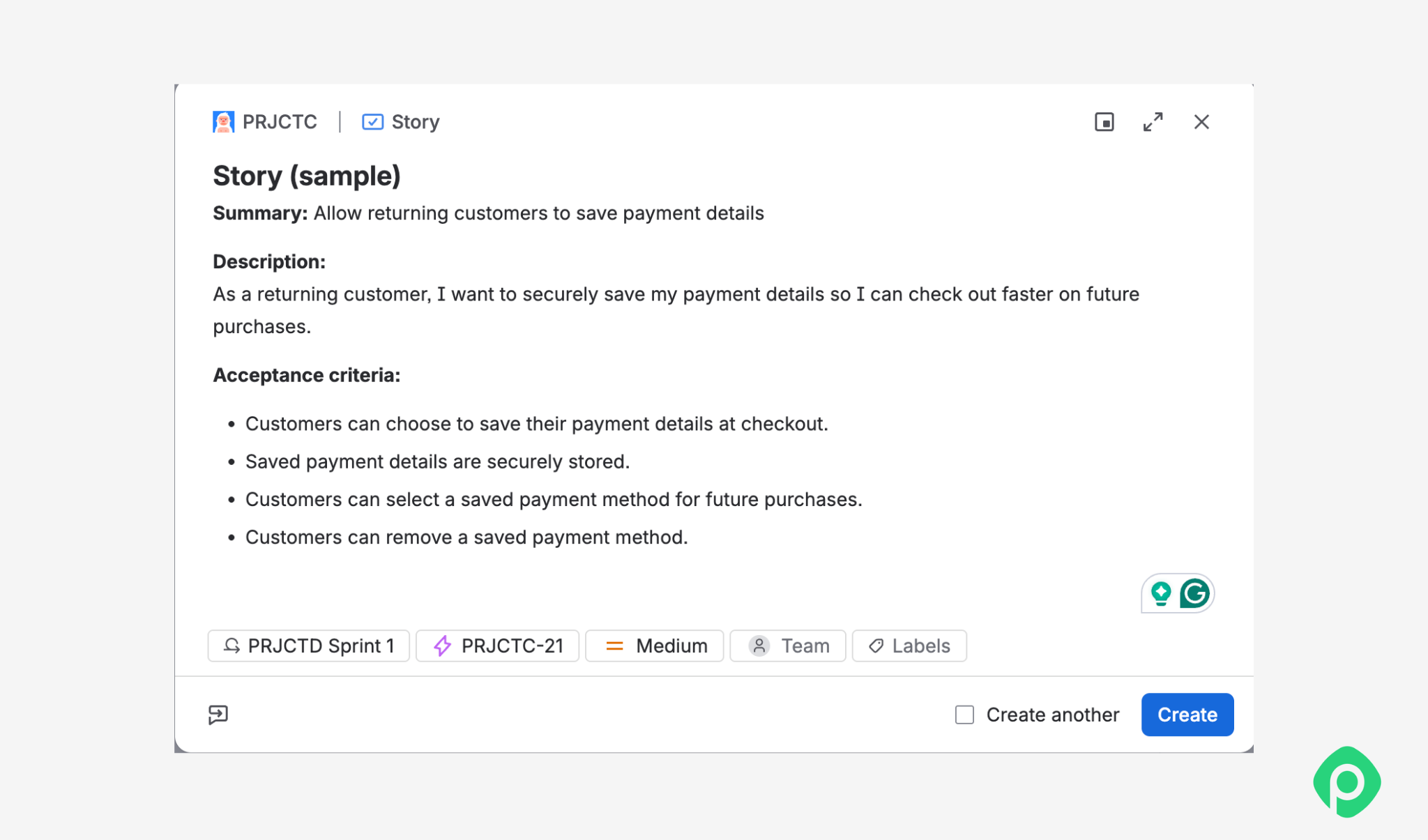 Jira issue view for Story: Returning customer payment details.