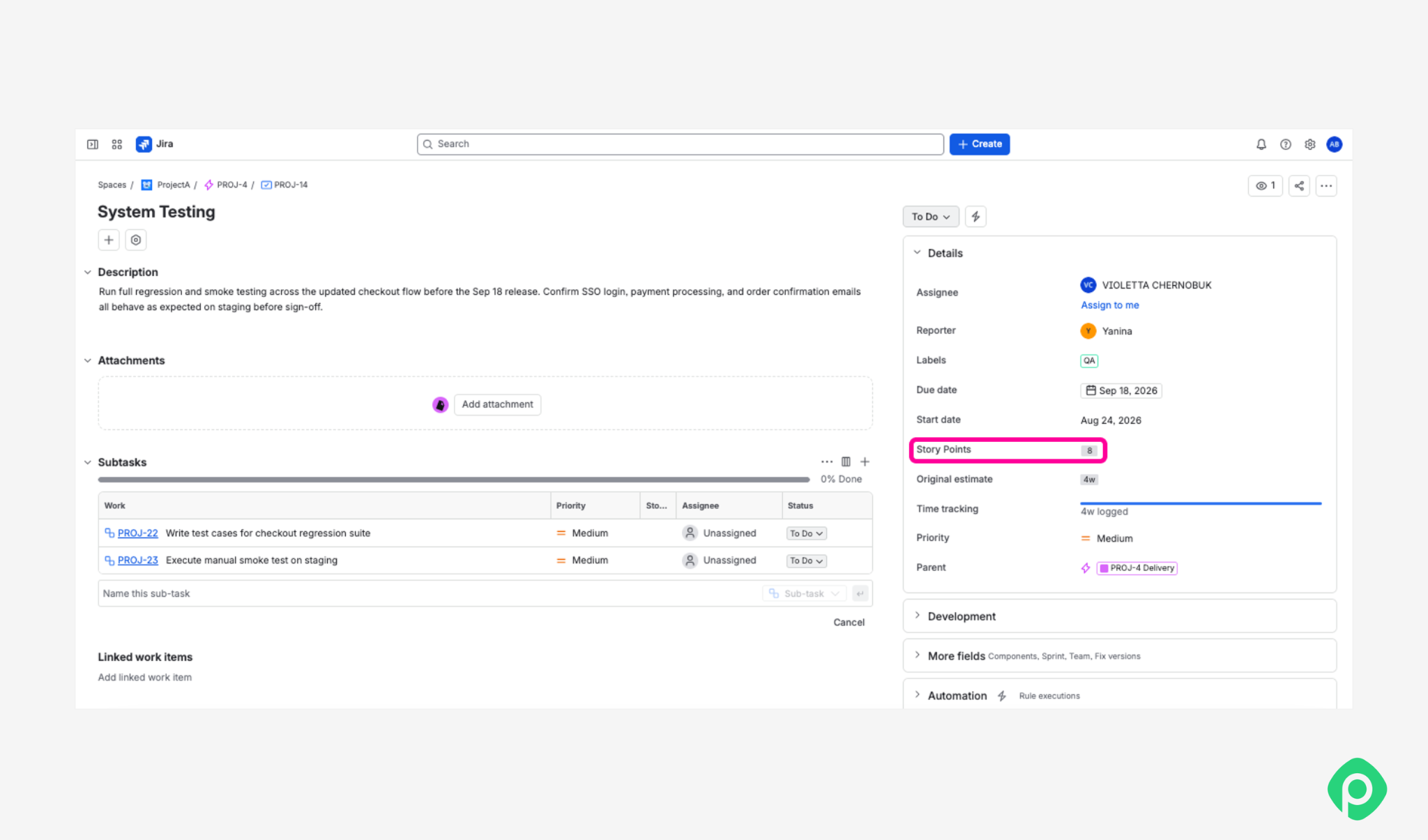 Jira task details view highlighting the story points field.