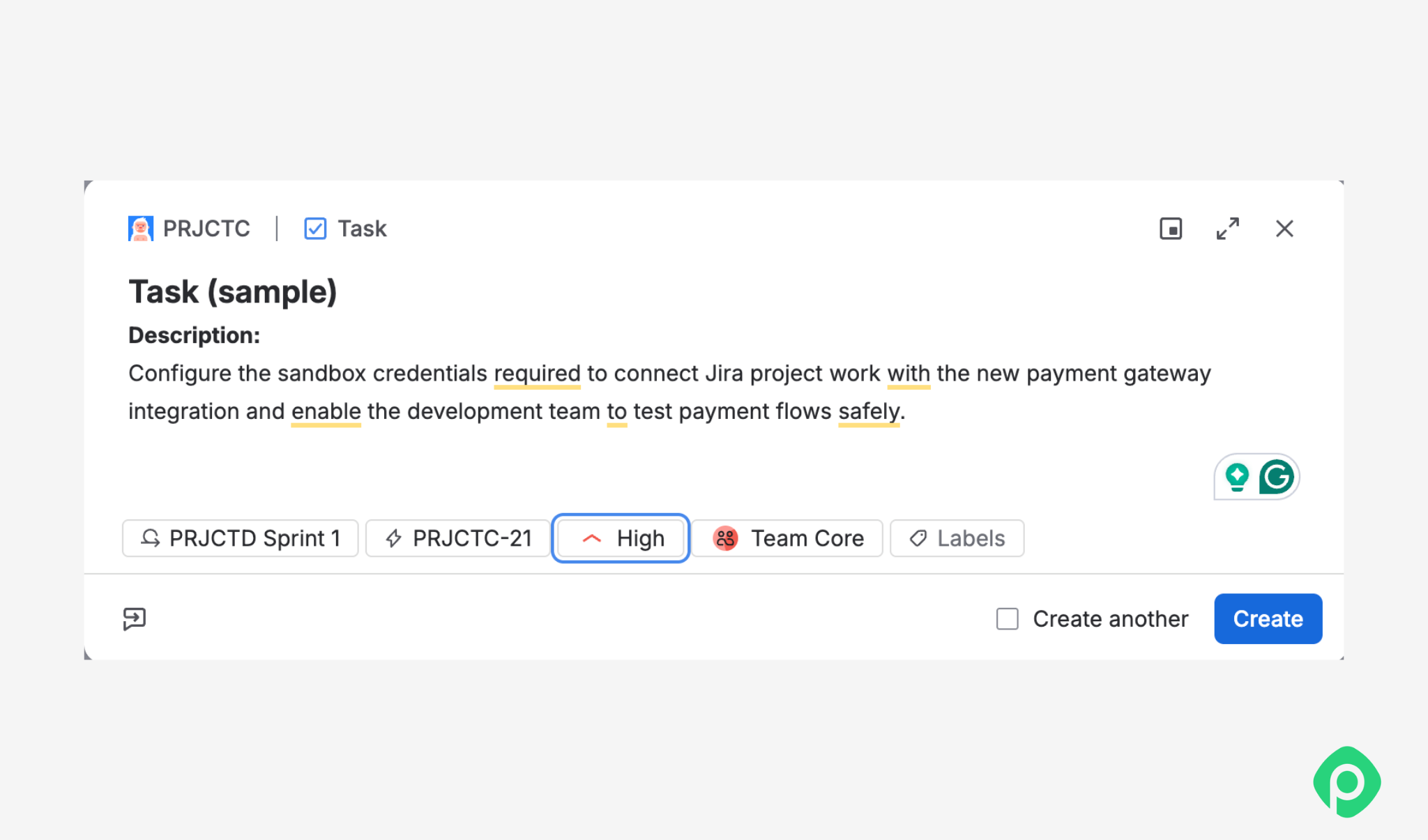 Jira issue view for Task: Configure sandbox credentials.