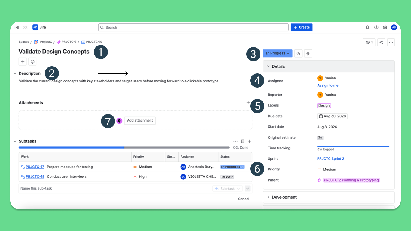 Jira ticket layout