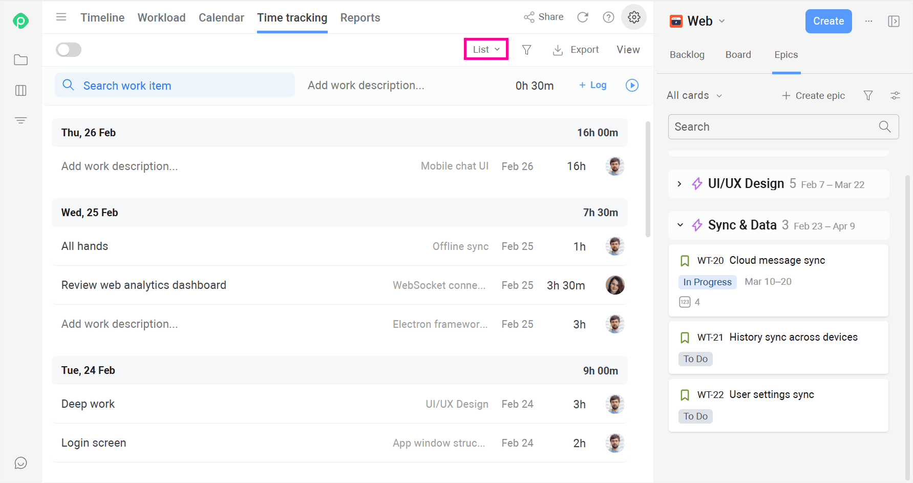 Time tracking tab in Planyway that presents the data in the List or Calendar view