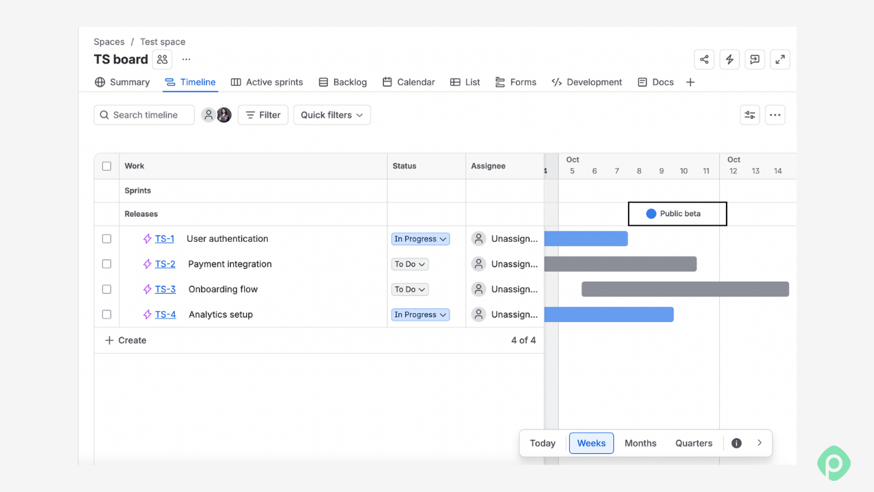 Jira timeline view displaying project tasks, statuses, and release milestone.