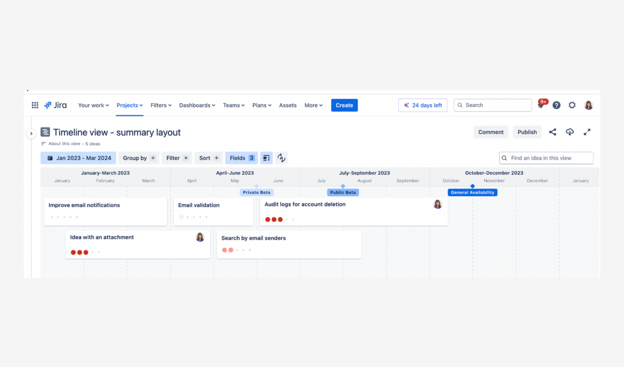 Jira timeline view summary layout highlighting product feature releases across quarterly intervals.
