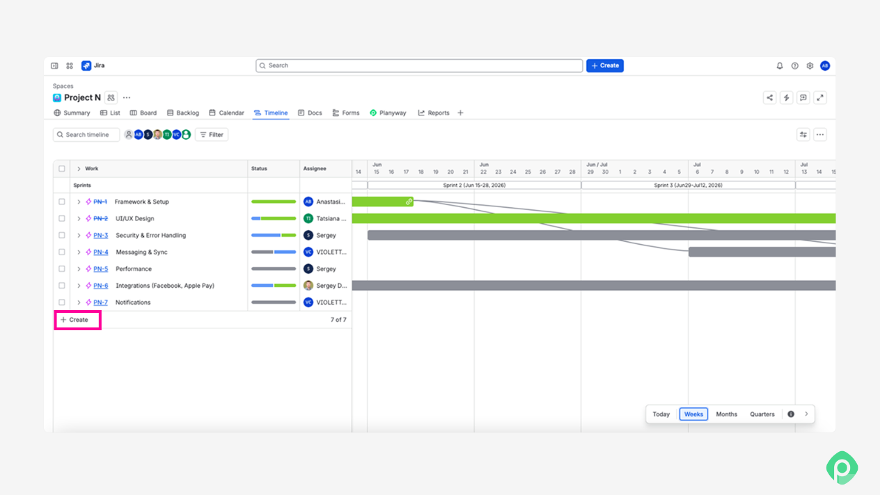 Screenshot showing the Jira timeline view displaying project work items, sprints, assignees, and progress bars over a calendar schedule.