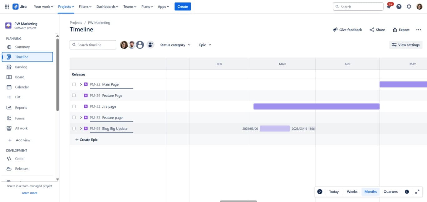 Jira Timeline view showing scheduled work across weeks