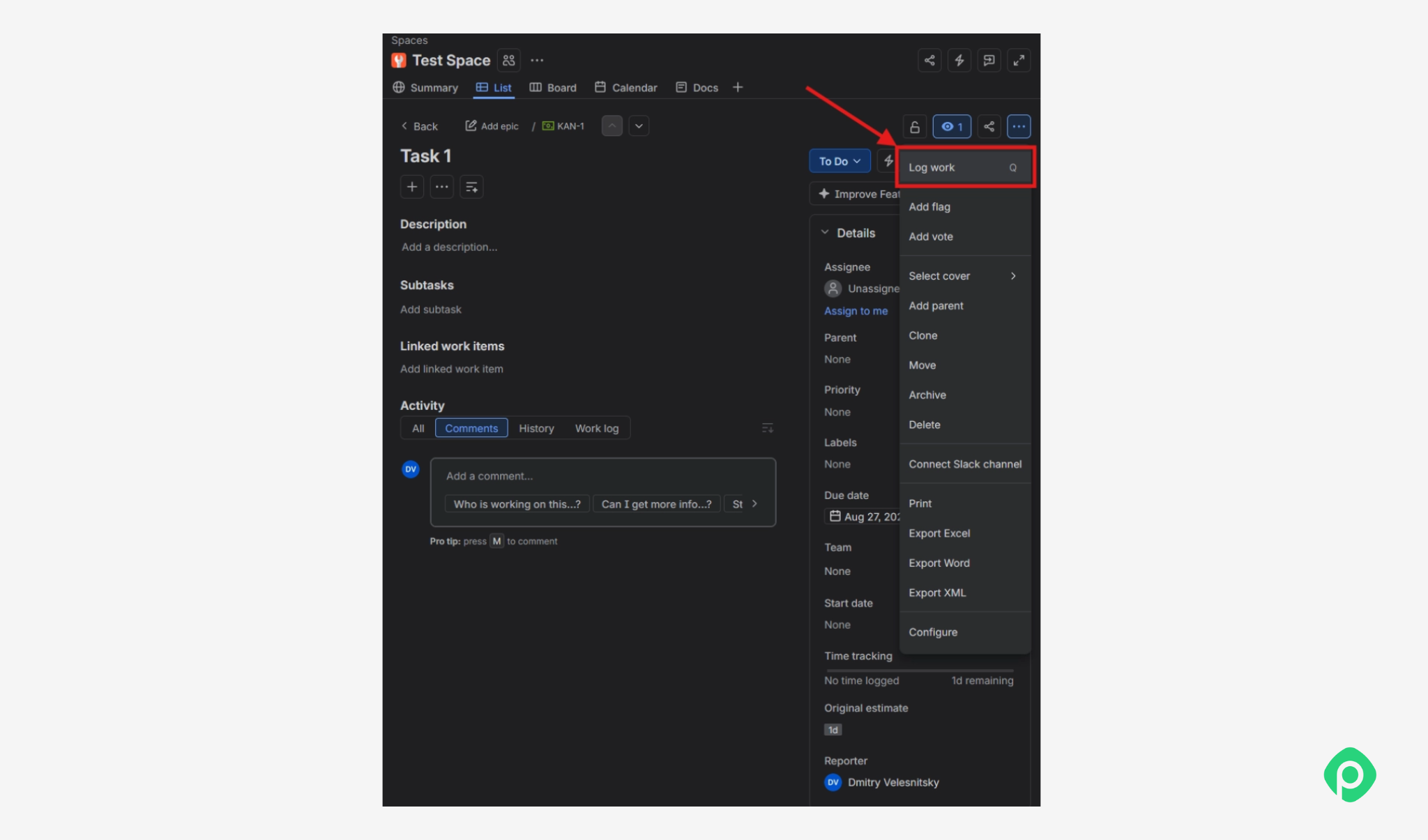 Log work option in Jira, highlighted in task menu dropdown
