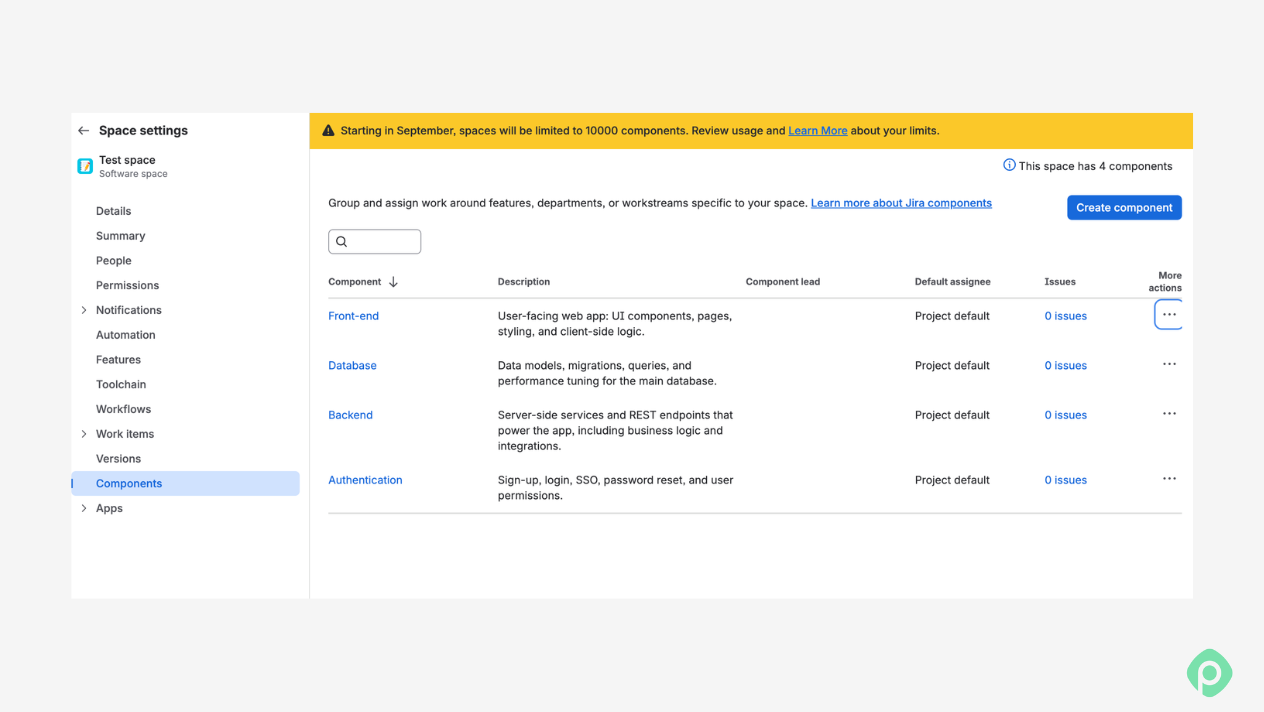 Jira space settings interface displaying the components management table and a warning banner regarding component limits.
