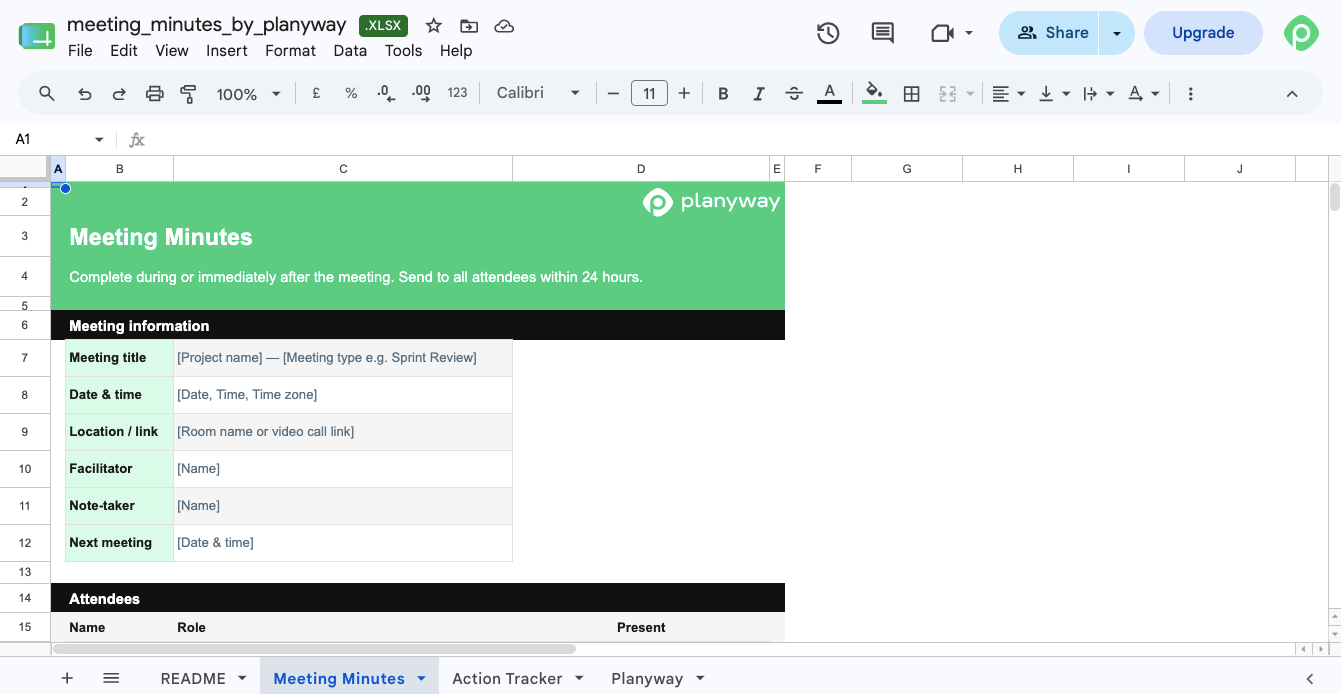 Meeting minutes template Excel — action tracker with owner due date and status