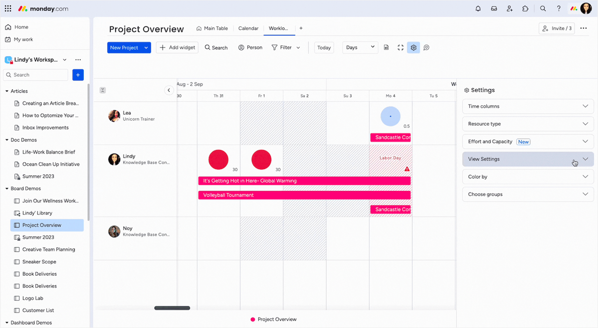 monday.com project overview dashboard showing team workload scheduling, resource capacity settings, and calendar timelines.