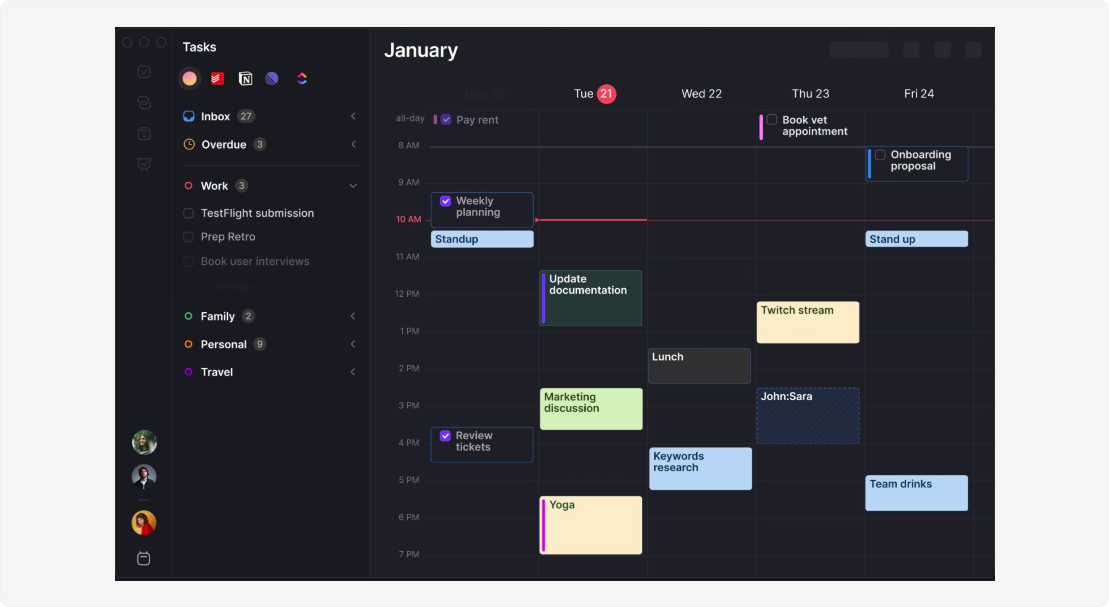 Morgen calendar and time-management app interface featuring a dark mode weekly schedule and integrated task list.