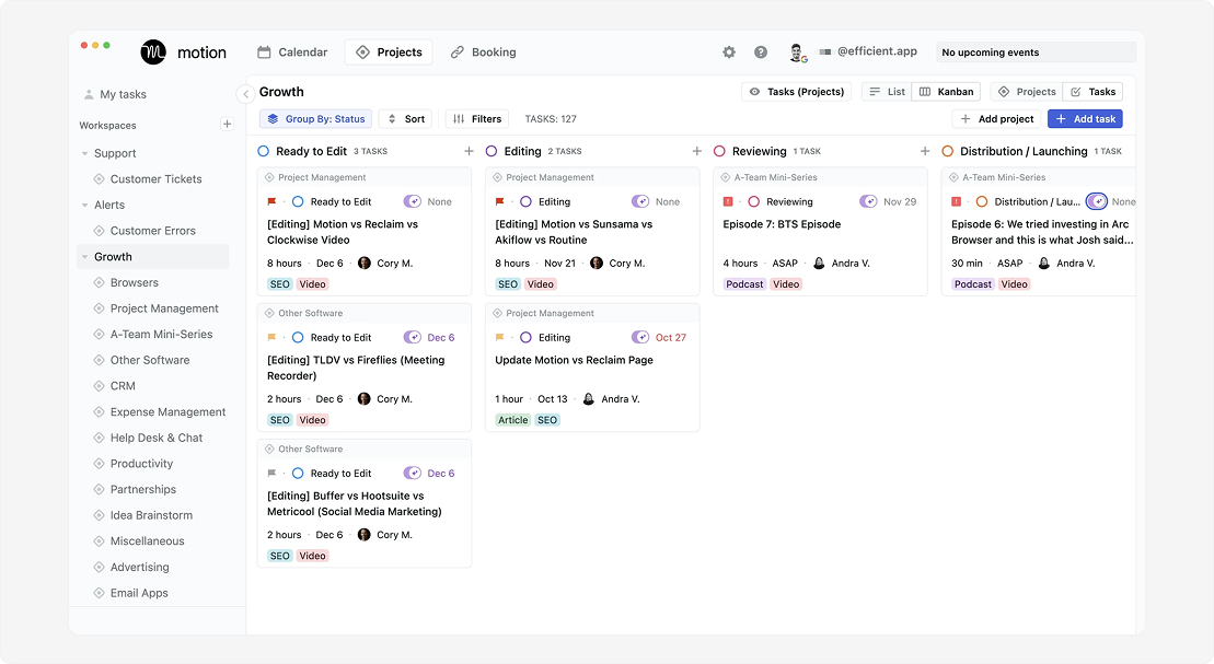 Motion AI productivity app dashboard showing a Kanban project management board with task statuses and scheduling details.