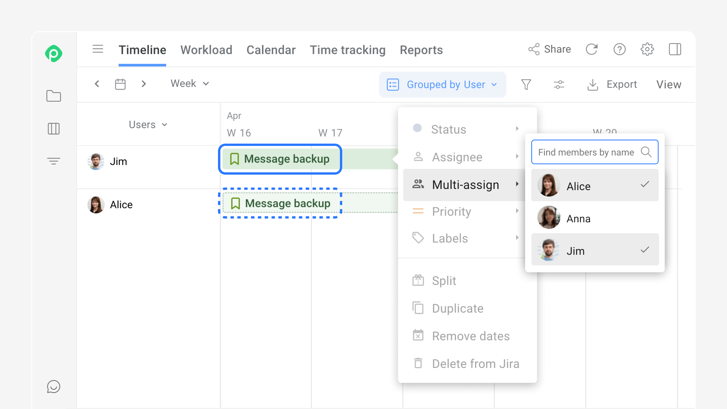 Split and multi-assign work items