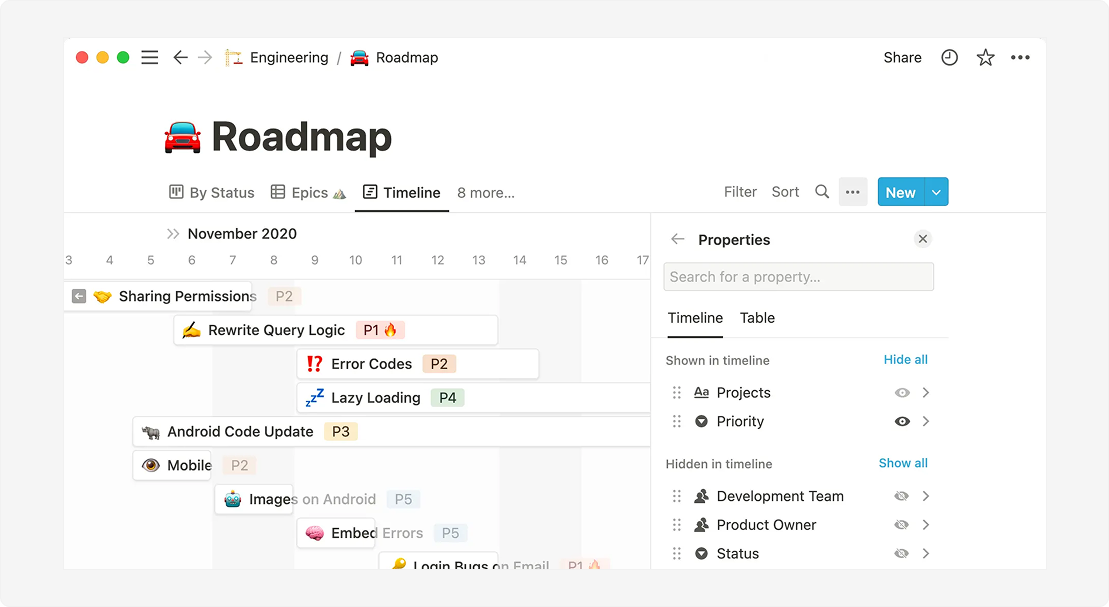 Notion engineering roadmap workspace displayed in a timeline view with custom properties and task progress tracking.