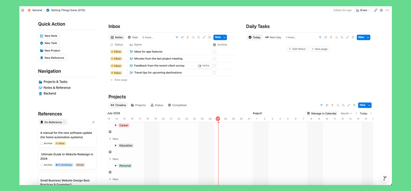 Getting Things Done dashboard showing inbox, daily tasks, and project timelines.