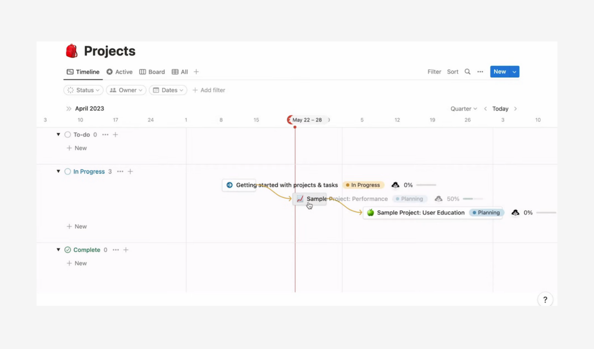 Notion project management workspace displaying a quarterly timeline view with connected task flows and progress indicators.