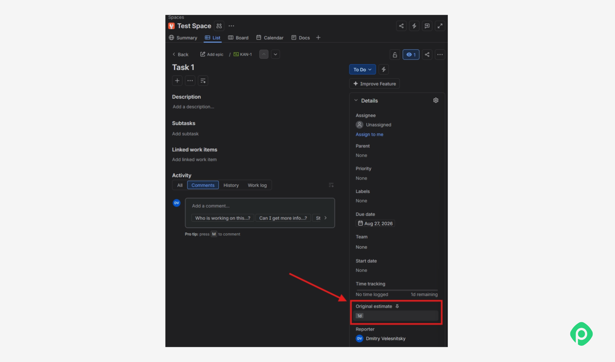 Original estimate field in Jira highlighted in task details panel