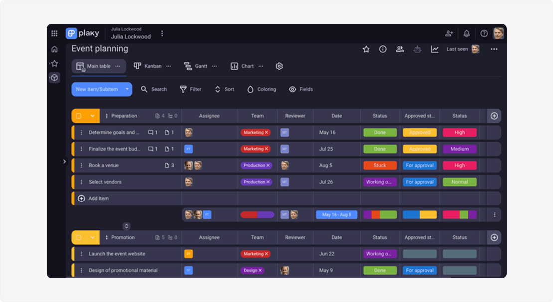 Plaky project management software displaying an event planning table with task assignees, review stages, and status tags.