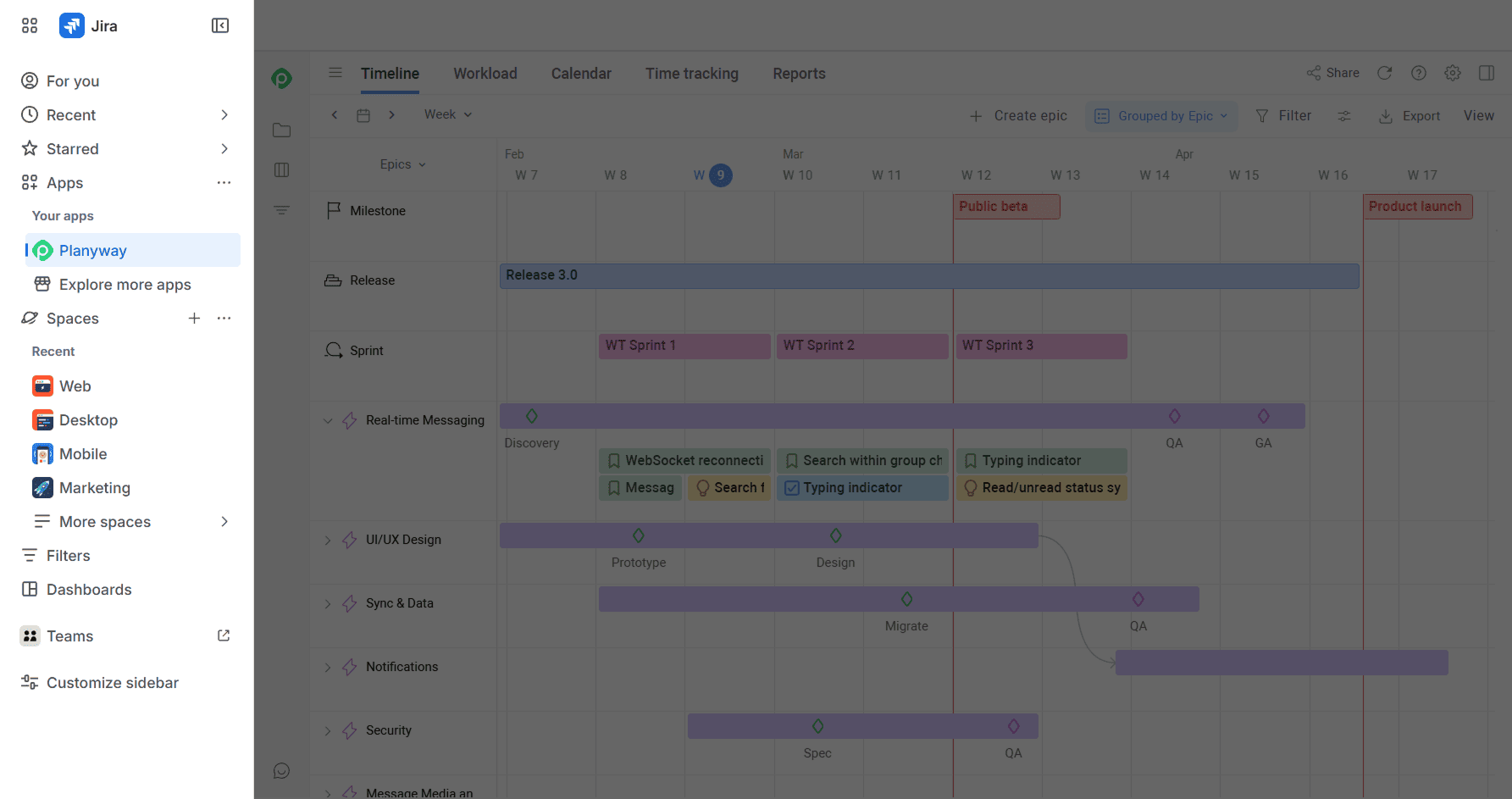 Planyway app sidebar and project timeline view.