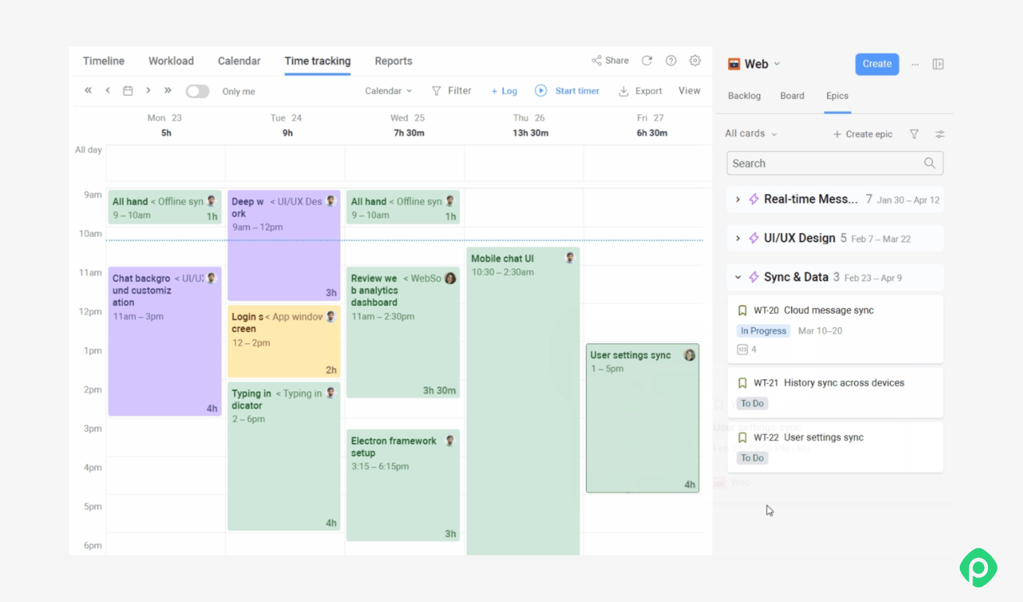 Team time tracking calendar view with scheduled tasks and schedule grid in Planyway