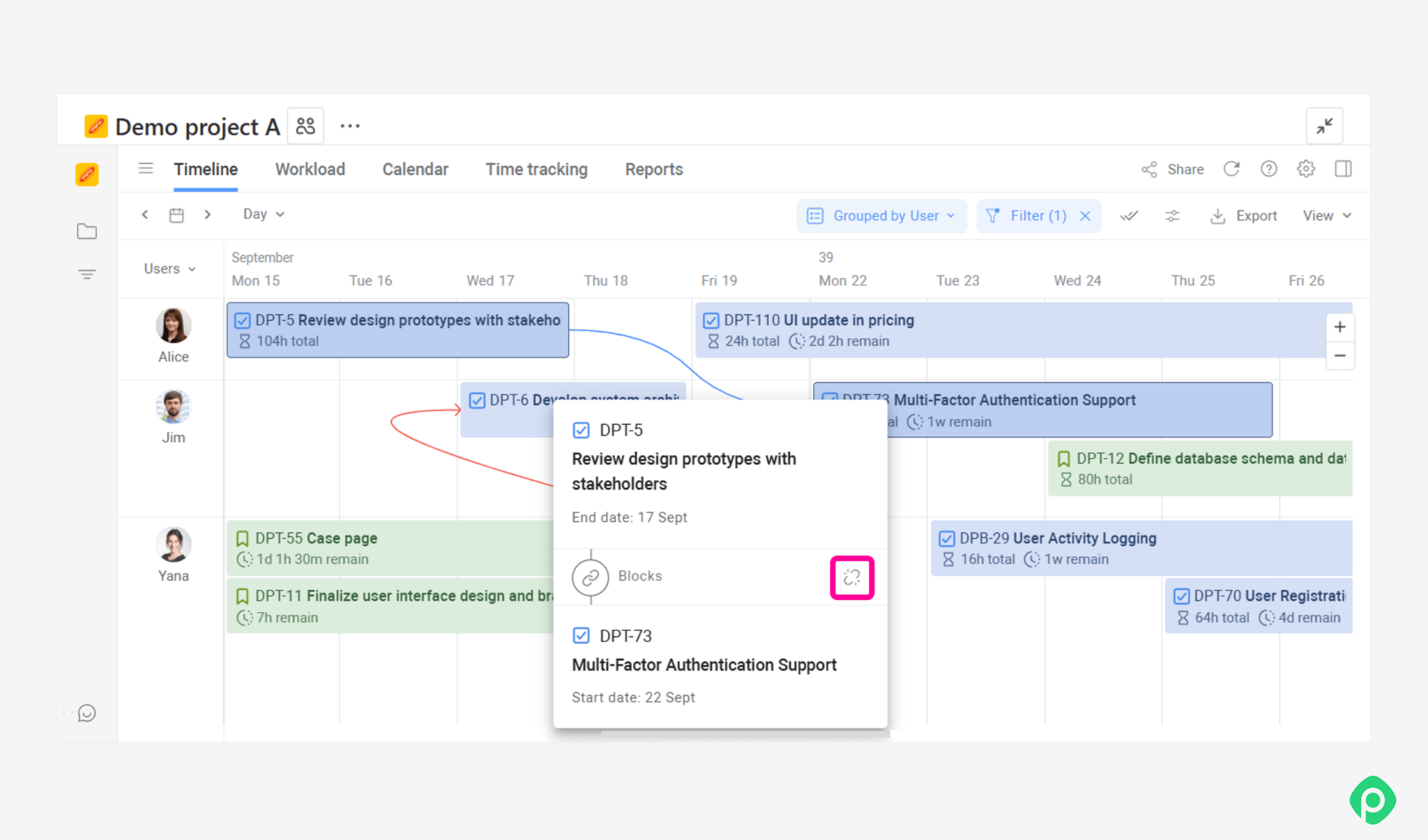 Gantt chart and project timeline view in a project management tool, tracking team workloads and dependencies.