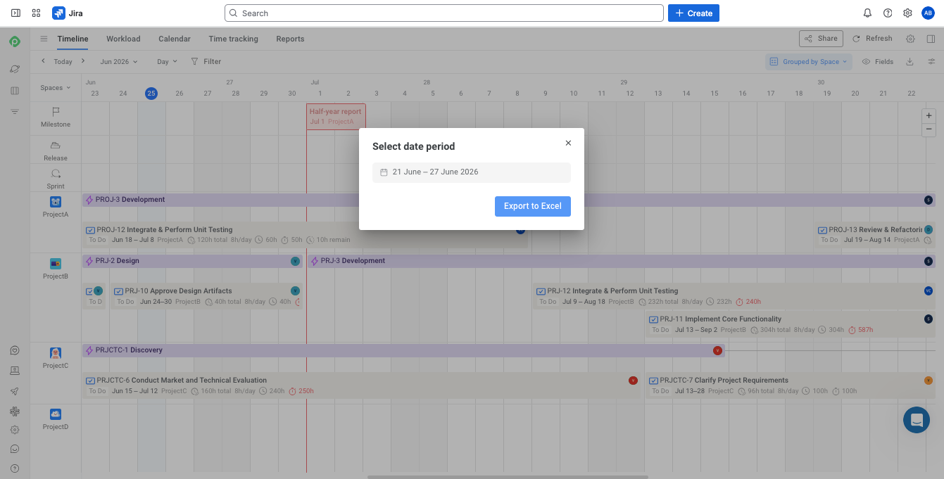 Date range selection dialog for exporting Planyway data to Excel.