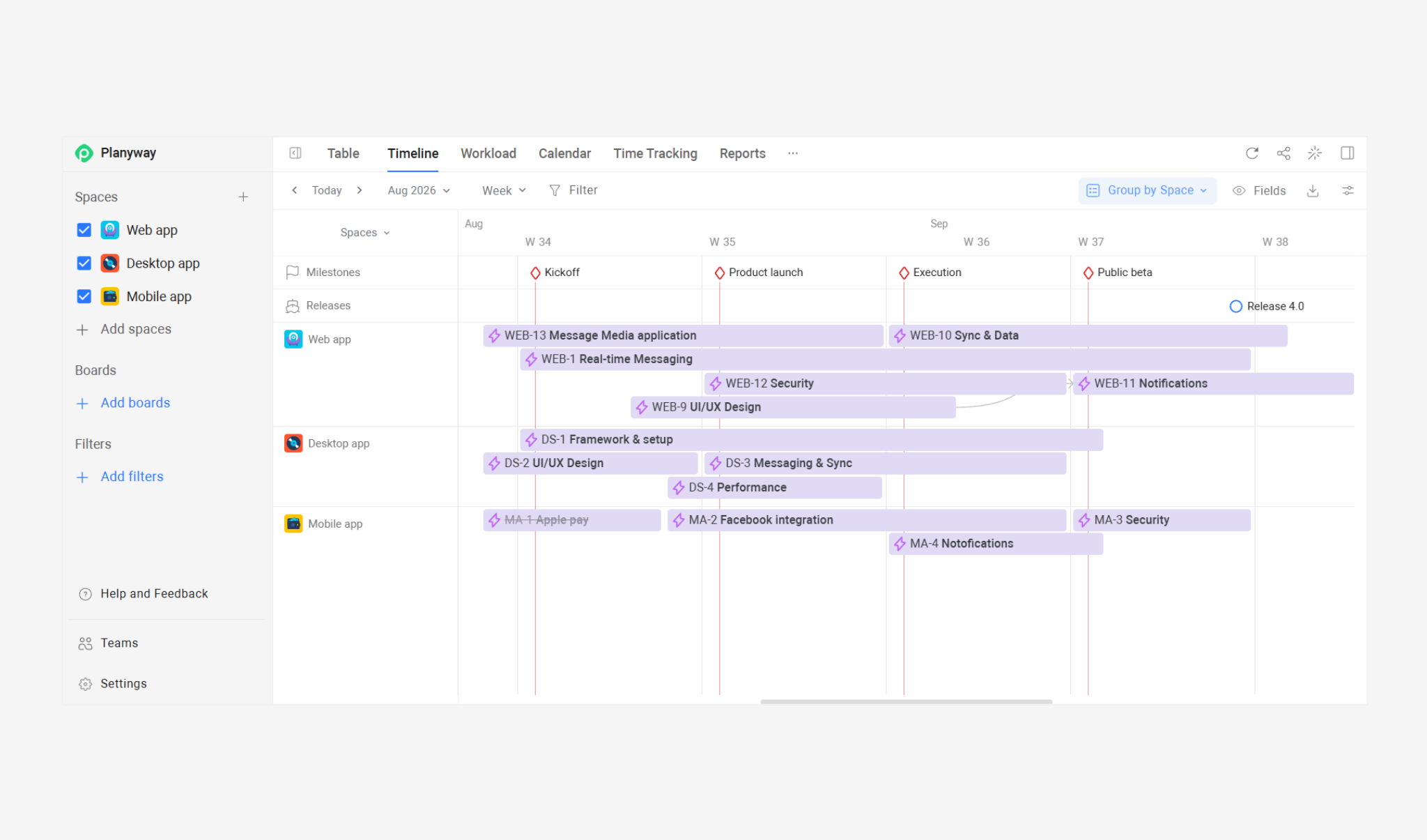 A Planyway for Jira timeline view grouped by Spaces