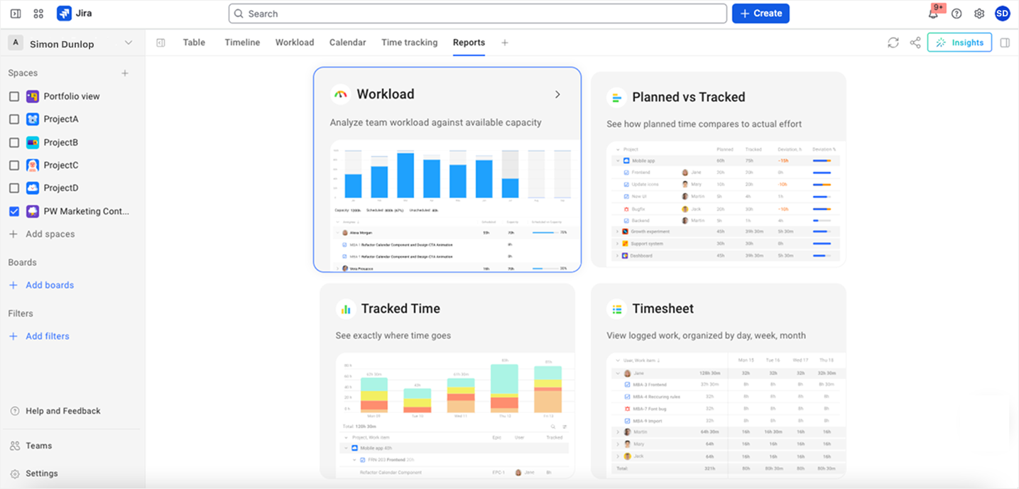 A set of Planyway in-built reports: Workload, Planned vs. Tracked time, Timesheet.