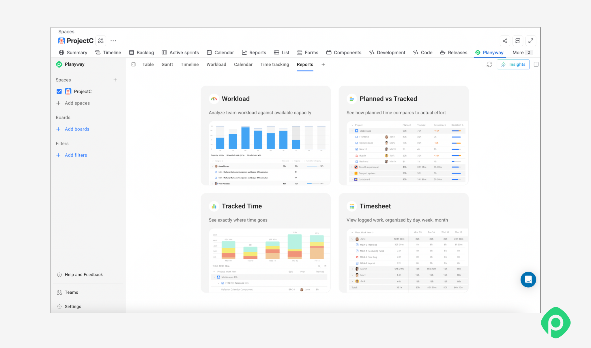 Project management dashboard showing team workload, tracked time, planned vs. tracked progress, and detailed timesheets in Planyway.