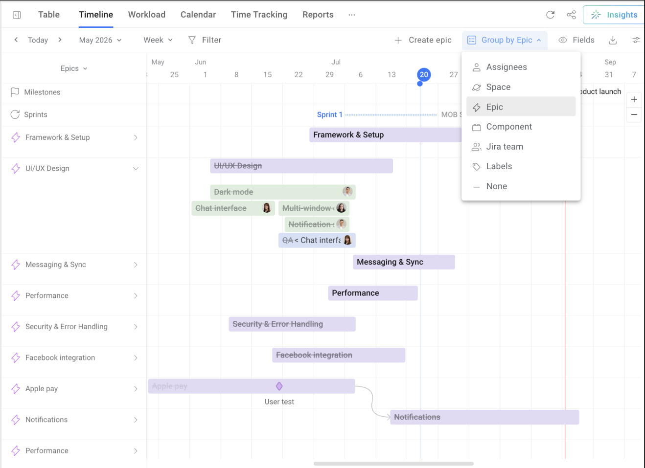 A cross-project timeline that represents epics, releases, and key milestones. 