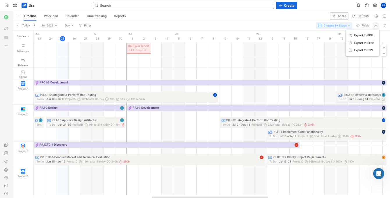 Jira timeline view in Planyway with an active export options menu.