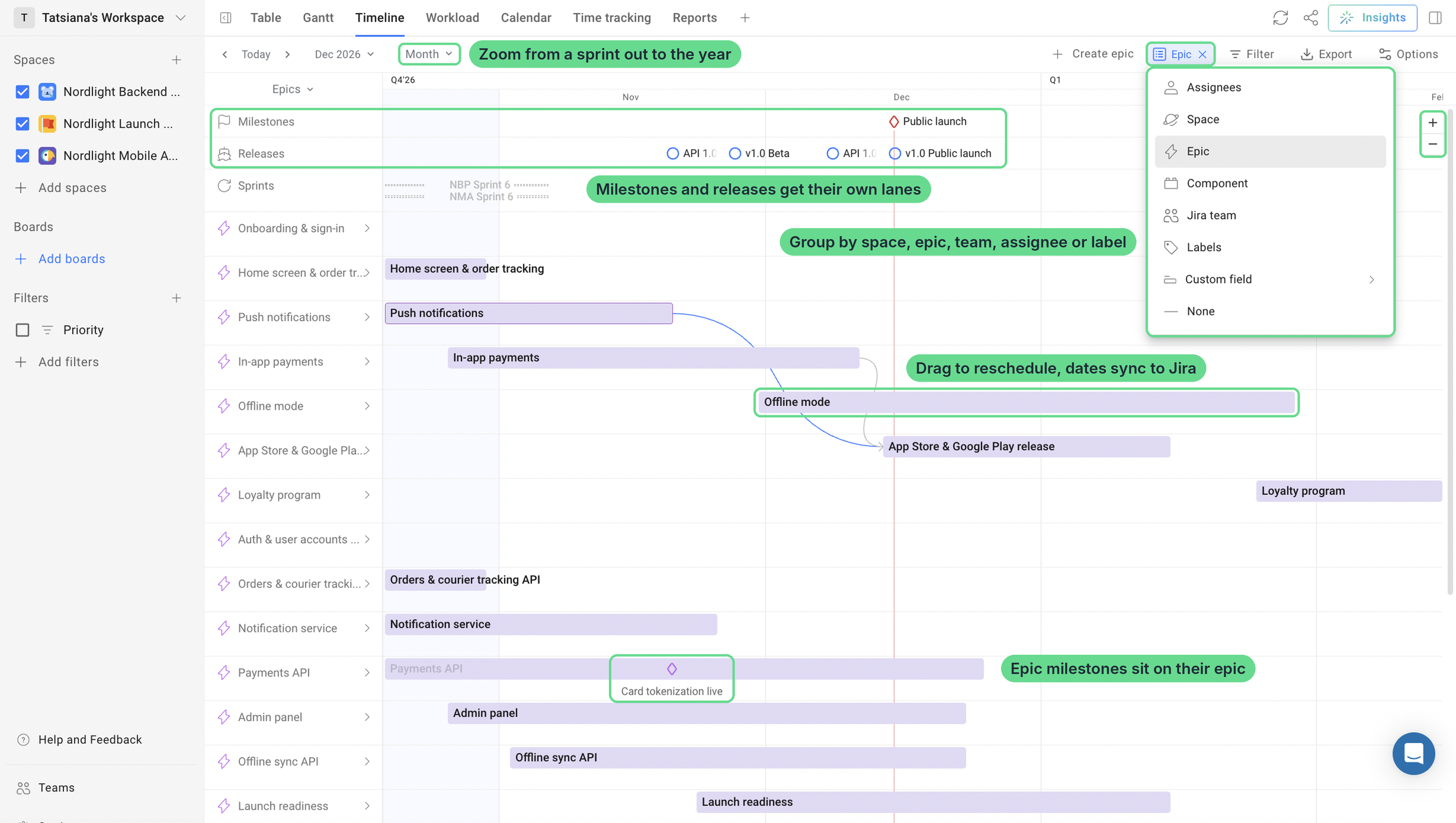 Annotated Planyway Timeline view demonstrating milestone tracking, epic-level task groupings, and drag-and-drop date synchronization across project phases.