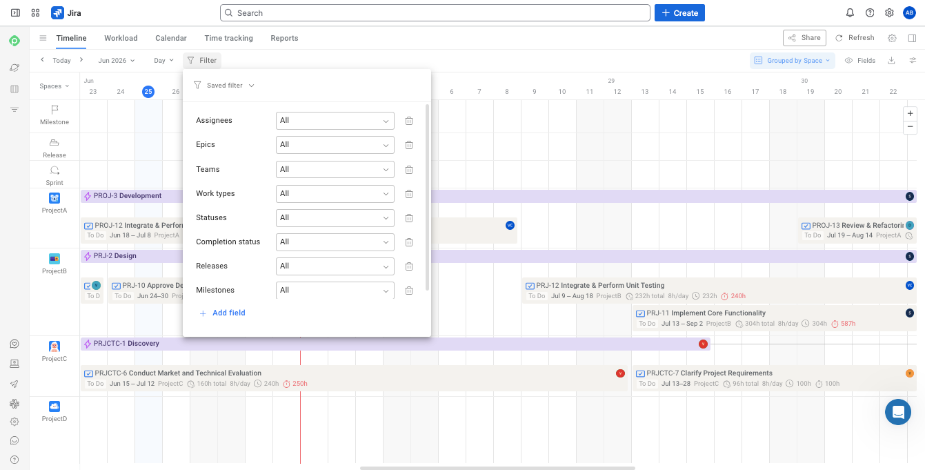 Jira timeline view in Planyway with an open filter menu.