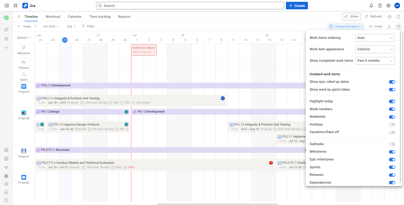 Jira timeline view with display and visibility settings sidebar.