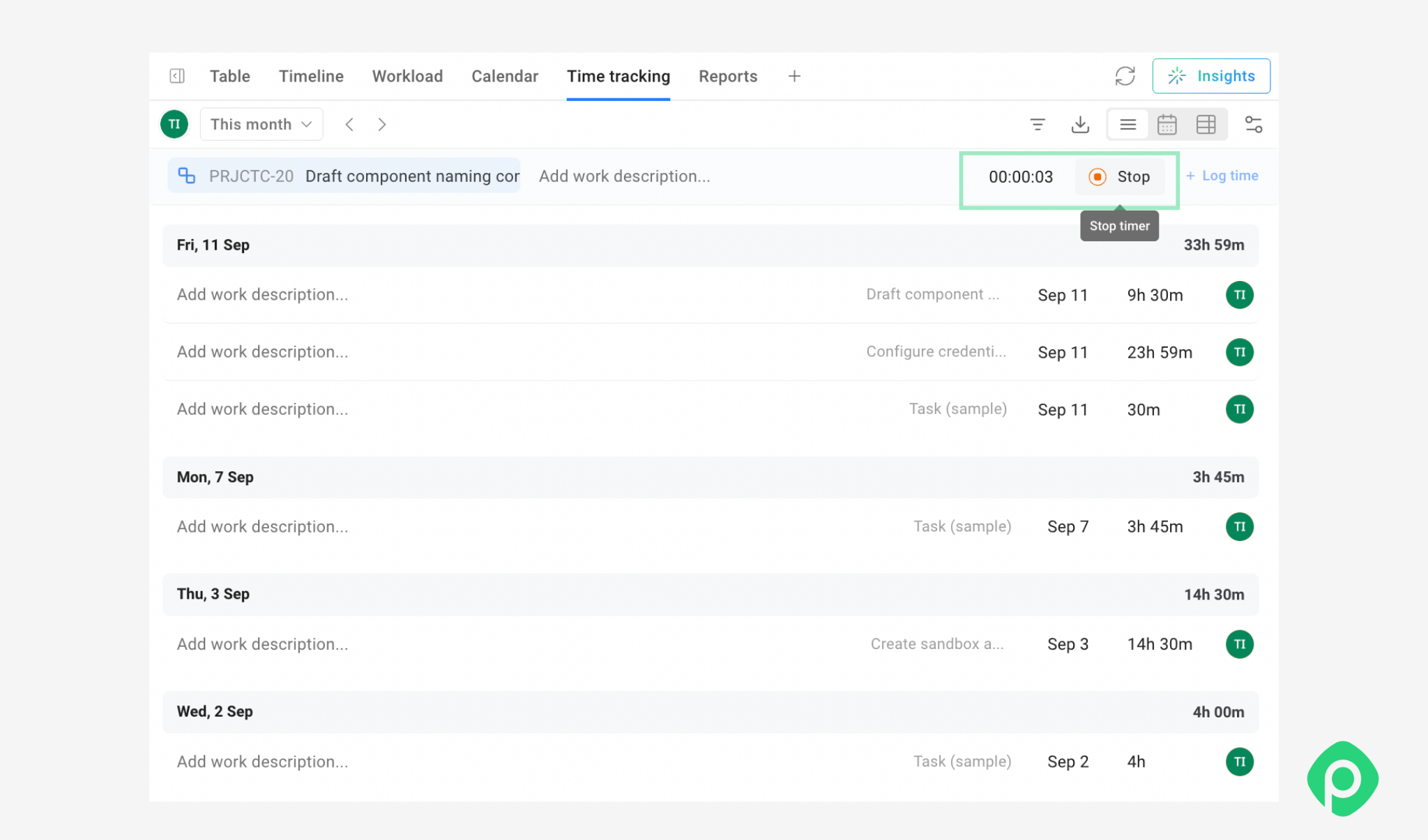 Planyway for Jira timer feature tracking active hours on a project task.