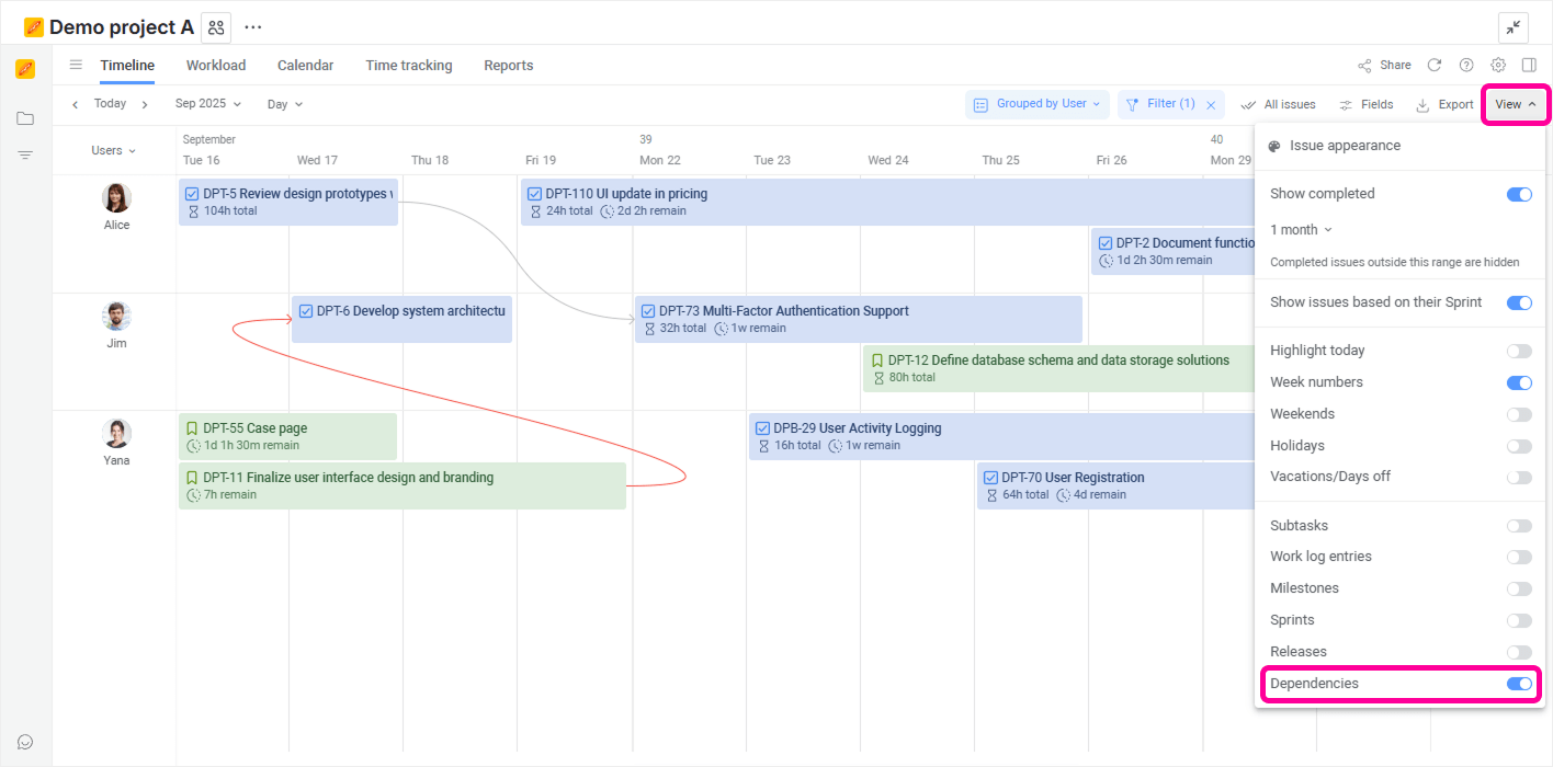 Planyway timeline with dependency arrows linking tasks across team members.