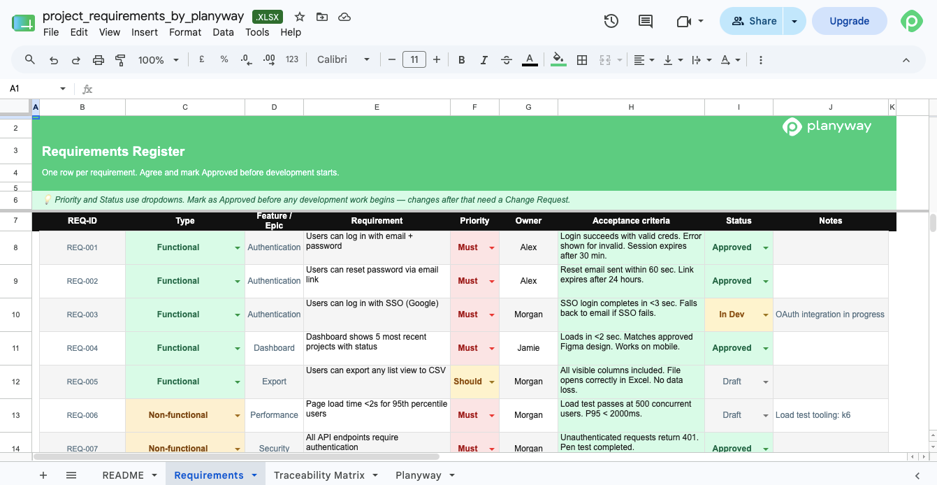 Project requirements template Excel — functional and non-functional requirements with traceability matrix