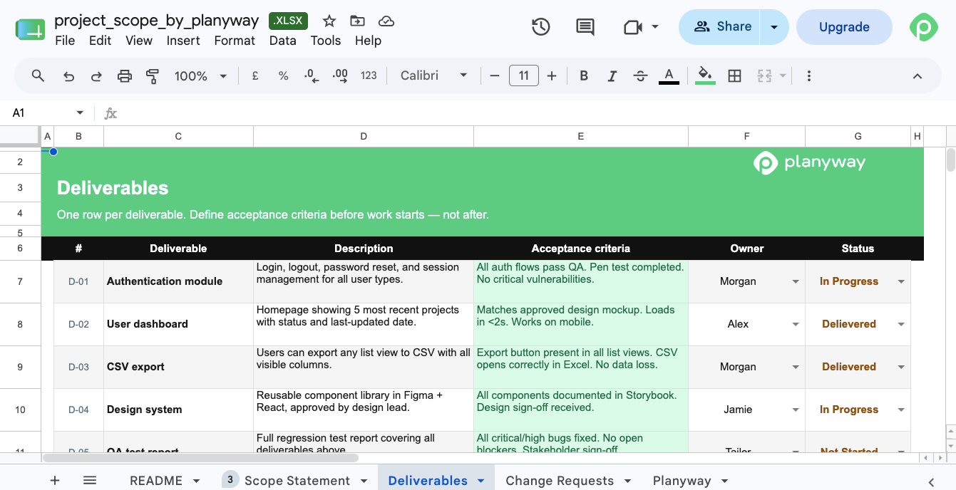 Project scope template Excel — in-scope out-of-scope deliverables and change request log
