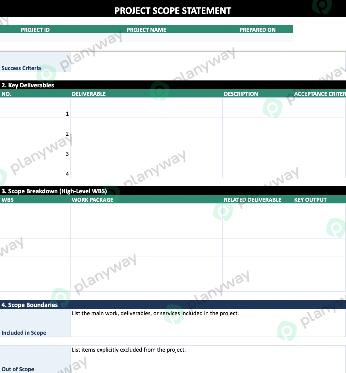 Blank project scope statement template with sections for project purpose, key deliverables, high-level WBS, and scope boundaries.