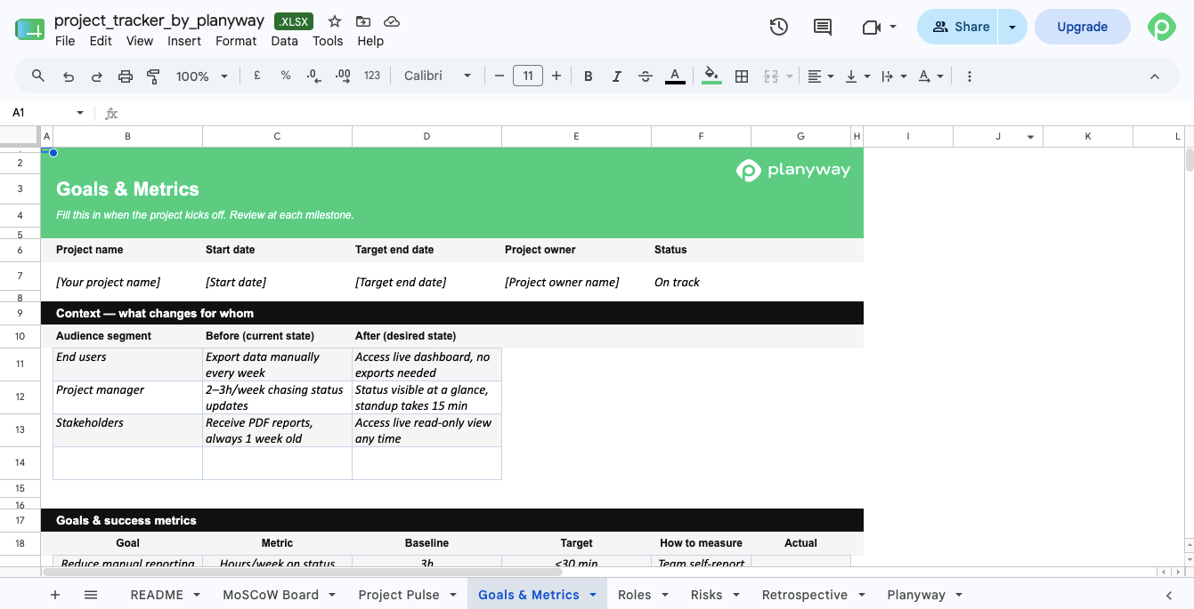 Project tracker template Excel is a  project pulse board with deliverables and weekly focus