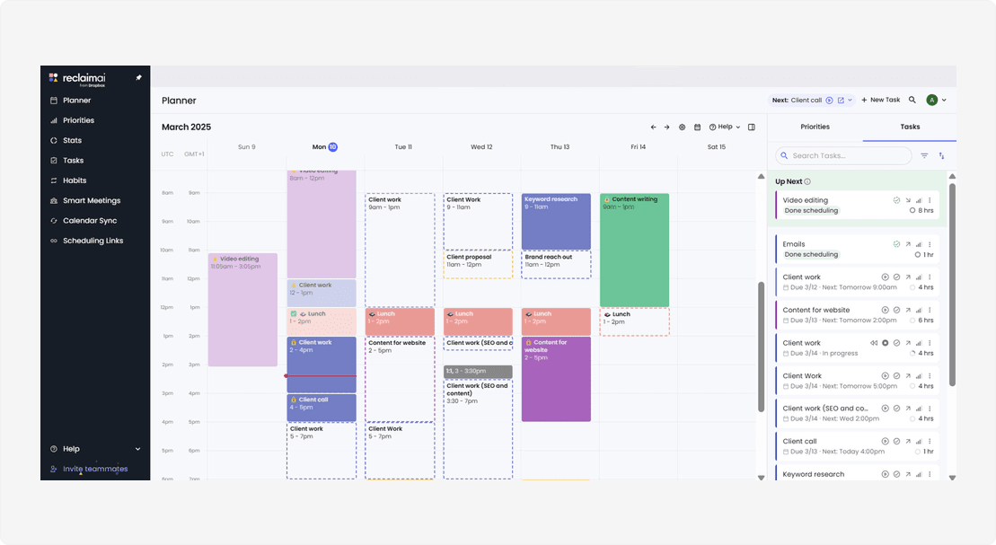 Reclaim AI calendar planner showing optimized time blocking for client work, meetings, and priority tasks.