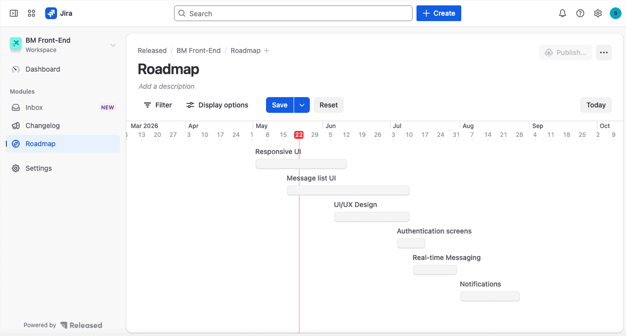 Released roadmap view showing planned releases and roadmap items on a simple timeline