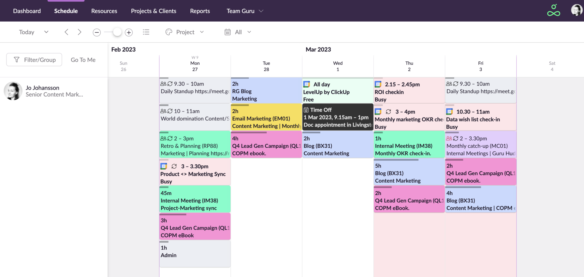 Daily team schedule dashboard showing time-blocked meetings, standups, marketing campaigns, and time-off entries.